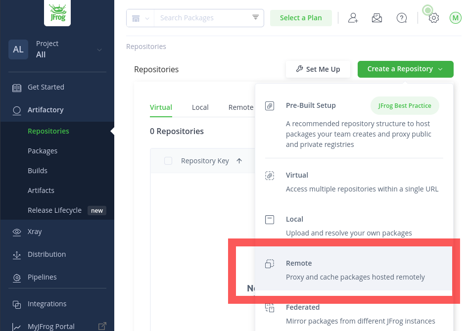 Screenshot of the JFrog Artifactory Repositories tab, showing the drop-down menu that appears when you click the &ldquo;Create a Repository&rdquo; button. This screenshot highlights the &ldquo;Remote&rdquo; option with a red box.
