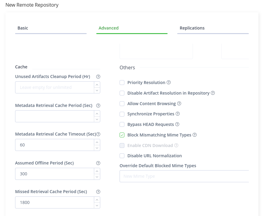 Screenshot of Artifactory&rsquo;s New Remote Repository &ldquo;Advanced&rdquo; Configuration tab. This example shows all the default settings, including that the &ldquo;Block Mismatching Mime Types&rdquo; box is checked.